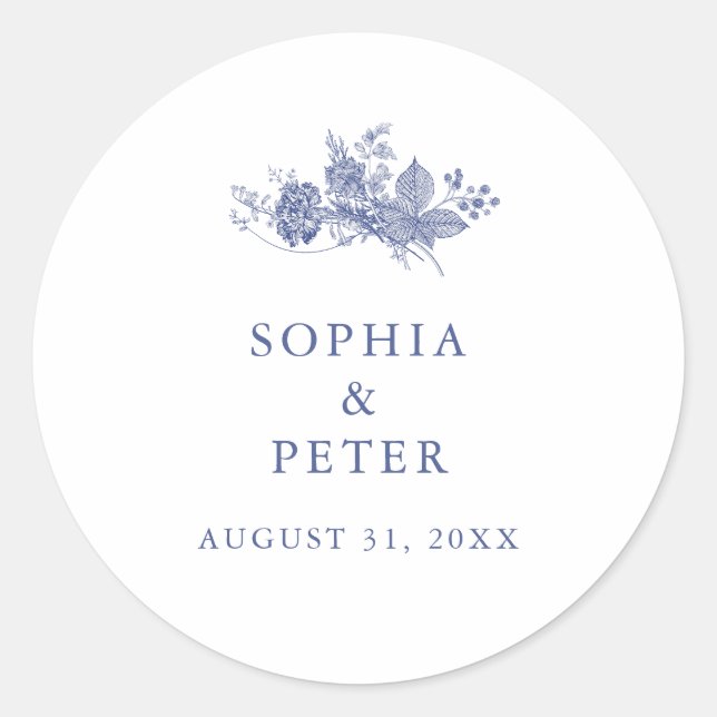 Elegant Toile French Blue Wedding Favour Sticker (Front)