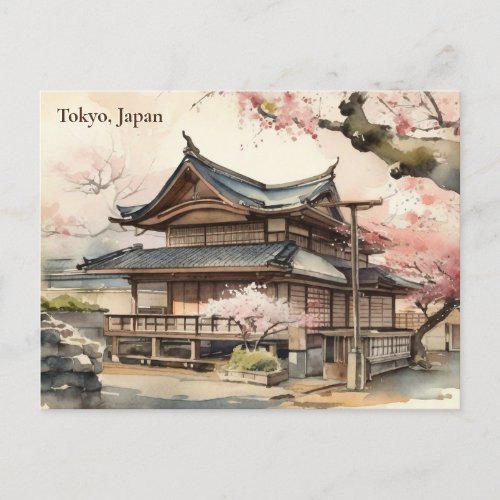 Elegant Tokyo Japan Vintage Watercolor Travel Postcard