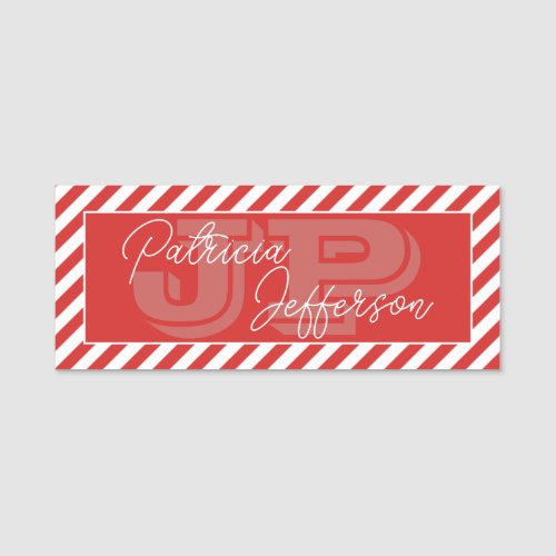 Elegant Tomato Red White Striped Stylish Monogram Name Tag