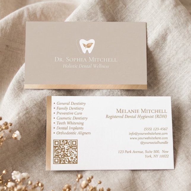 Elegant Tooth & Leaf Dental Practice Gold Qr Code  Business Card (Elegant Tooth & Leaf Dental Practice Gold Qr Code Business Card)