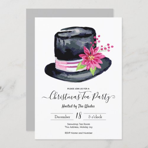 Elegant Top Hat and Poinsettia Christmas Tea Party Invitation