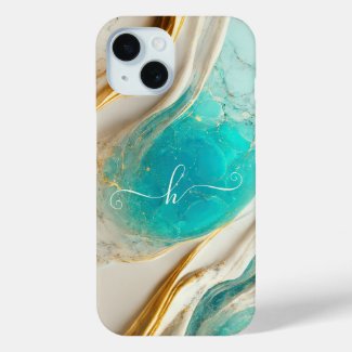 Elegant Topaz Blue Gold Veins Marble Monogrammed
