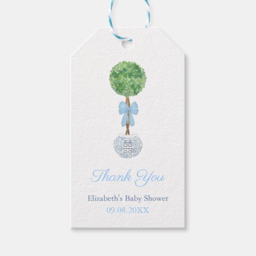Elegant Topiary Boy Baby Shower Thank You Gift Tags - Handpainted Box Ball Topiary in a blue and white "ginger jar" style planter. Elements handpainted by me in watercolors onto 100% cotton paper and scanned into digital form.