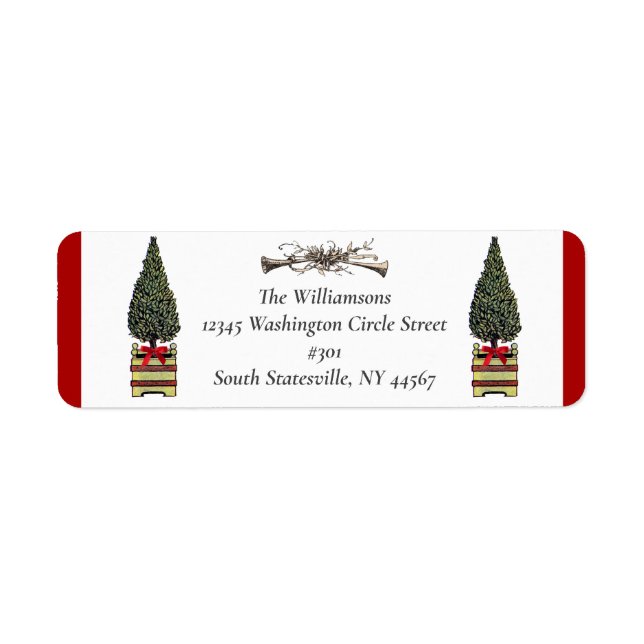 Elegant Topiary Christmas Tree Hunt Horn Red Bow Label (Front)