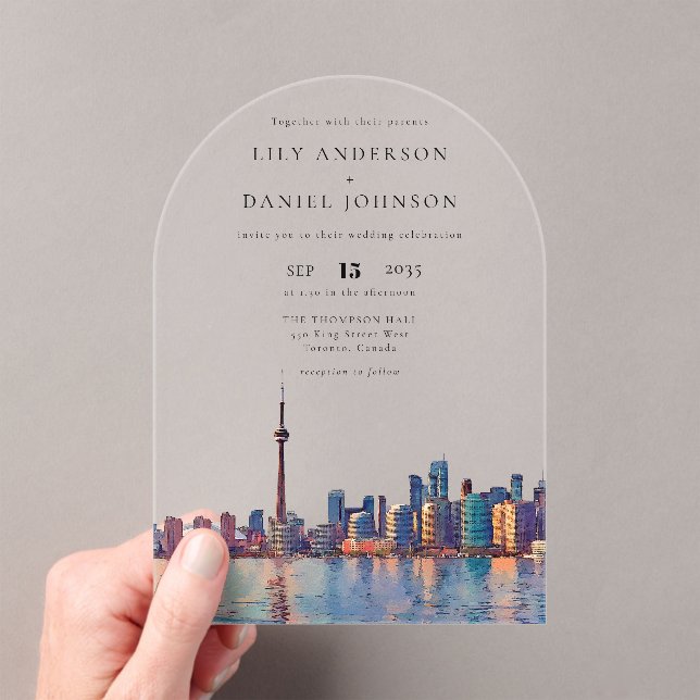 Elegant Toronto Skyline Watercolor Wedding Arch Acrylic Invitations (Insitu (Handheld))