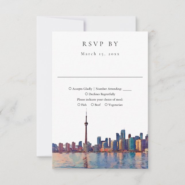 Elegant Toronto Skyline Watercolor Wedding RSVP Card (Front)
