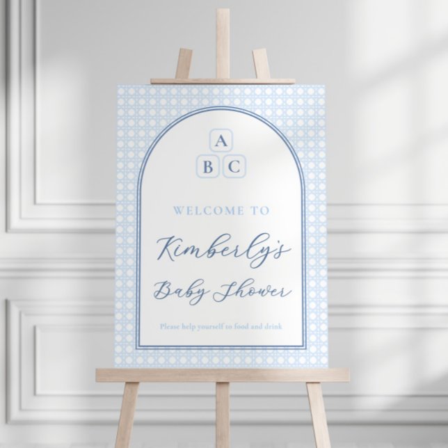 Elegant Toy Blocks Baby Boy Shower Welcome Sign (Preppy blue and white toy blocks baby boy shower welcome sign with modern arch)