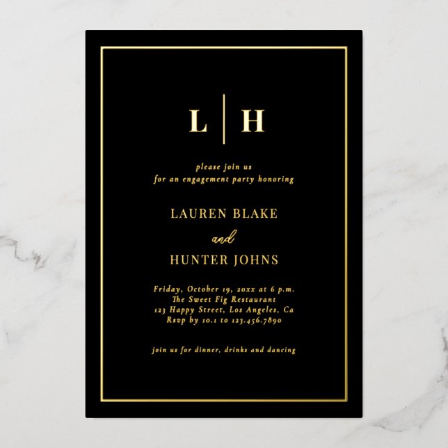 Elegant Traditional Black And Gold Engagement Foil Invitation (Front)