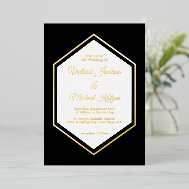 Elegant Traditional Black & Gold Foil Wedding Foil Invitation (Standing Front)