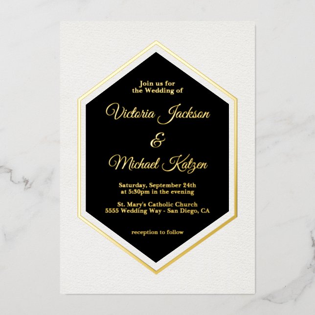 Elegant Traditional Black & Gold Foil Wedding Invitation (Front)