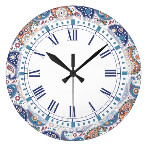 Elegant traditional blue and orange paisley print large clock