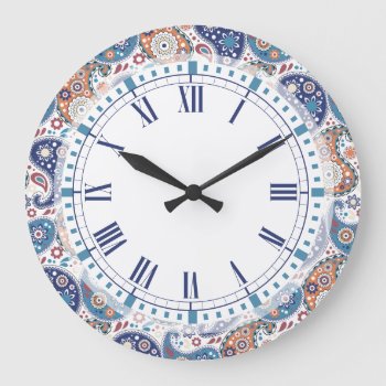 Elegant Traditional Blue And Orange Paisley Print Large Clock by VillageDesign at Zazzle