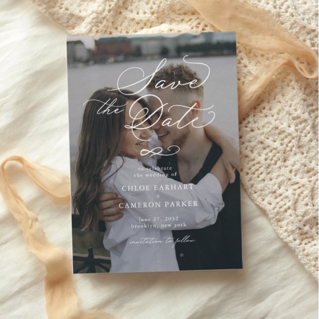 Elegant Traditional Calligraphy Wedding Photo Save The Date (Creator Uploaded)