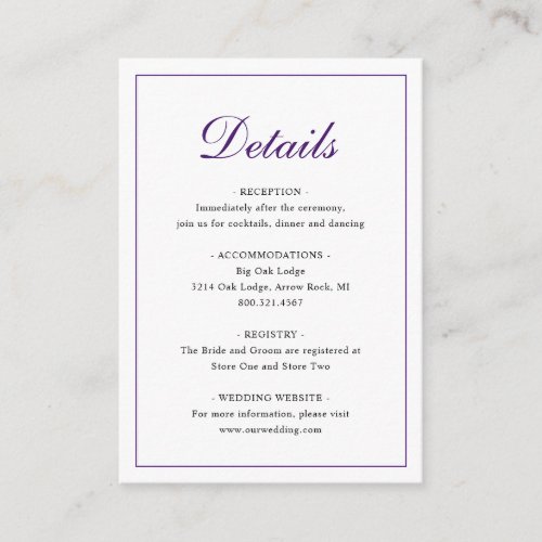 Elegant Traditional Classic Royal Purple Wedding Enclosure Card