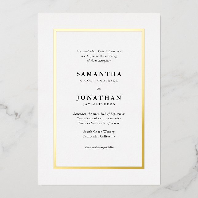 Elegant Traditional Gold Foil Border Wedding Invitation (Front)