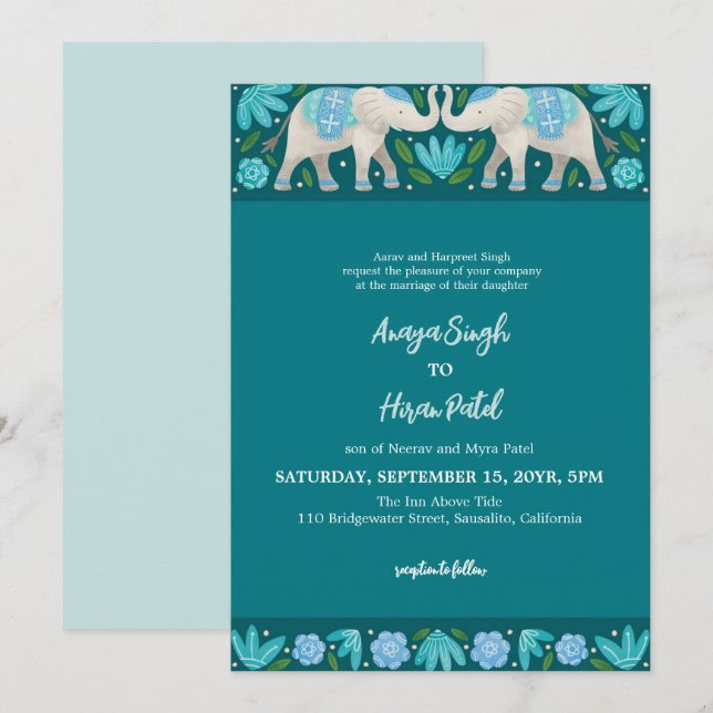 Elegant Traditional Indian Elephants Wedding Invitation (Front/Back)