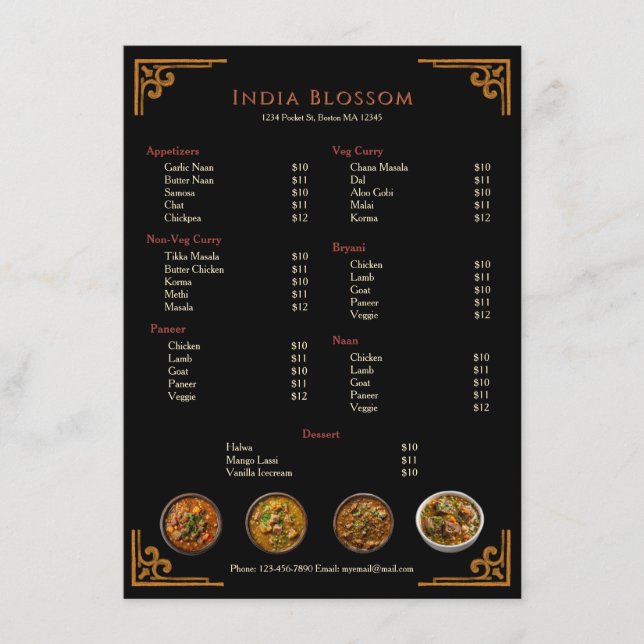 Elegant Traditional Indian Restaurant Flat Menu (Front)