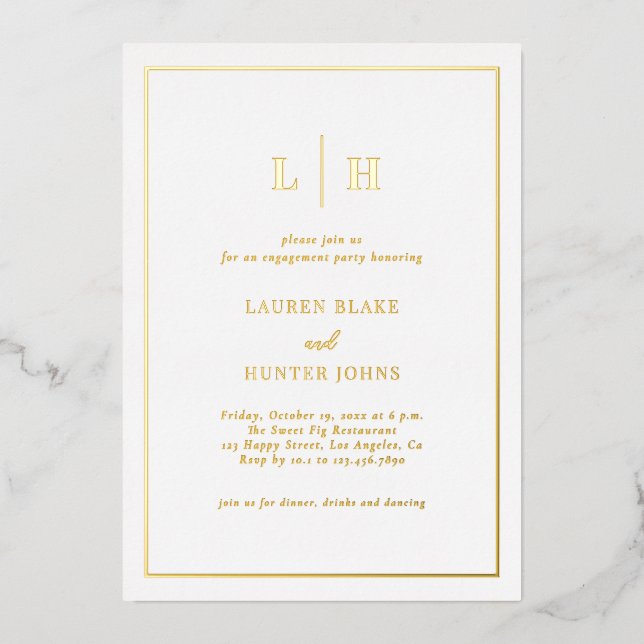 Elegant Traditional Monogram Gold Engagement Party Foil Invitation (Front)