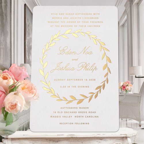 Elegant Traditional Olive Branch Wreath Gold Foil Invitation