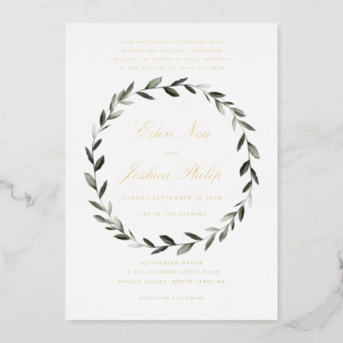 Elegant Traditional Olive Branch Wreath II Gold Foil Invitation