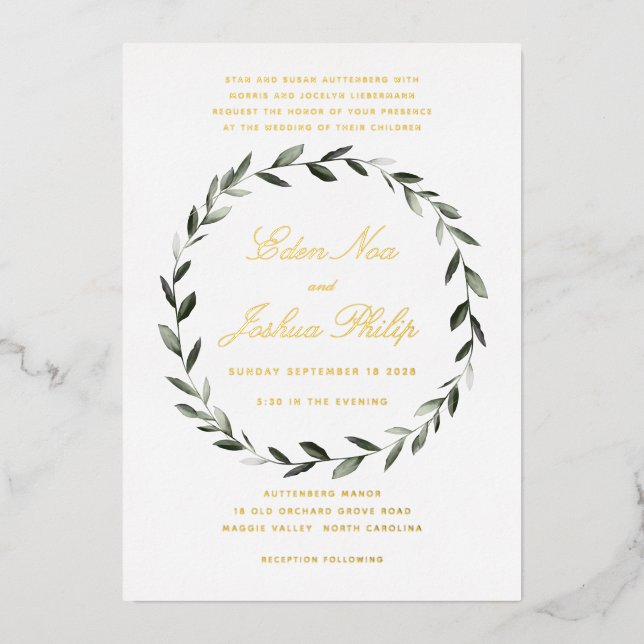 Elegant Traditional Olive Branch Wreath II Gold Foil Invitation (Front)