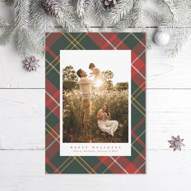 Elegant Traditional Red and Green Plaid Photo Holiday Card
