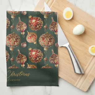 Elegant Traditional Red & Gold Christmas Baubles Kitchen Towel