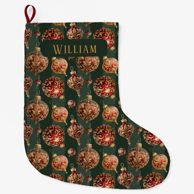 Elegant Traditional Red & Gold Christmas Baubles  Large Christmas Stocking (Front)