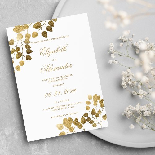 Elegant traditional white gold eucalyptus wedding invitation