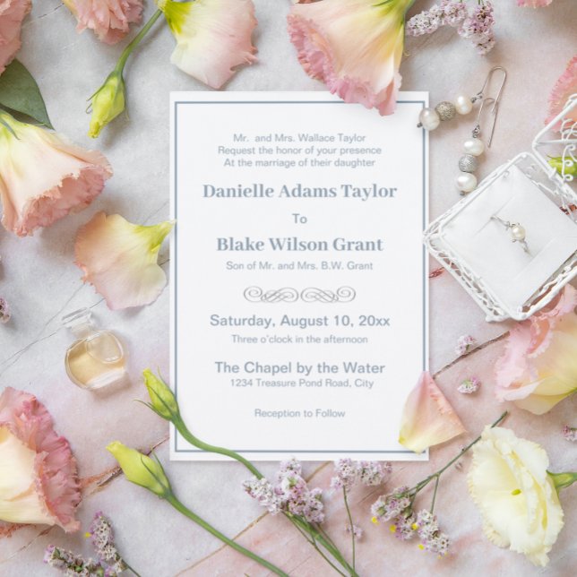 Elegant Traditional Words Dusty Blue White Wedding Invitation (Creator Uploaded)
