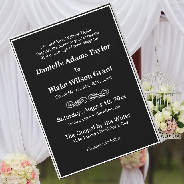 Elegant Traditional Words White On Black Wedding Invitation (Creator Uploaded)
