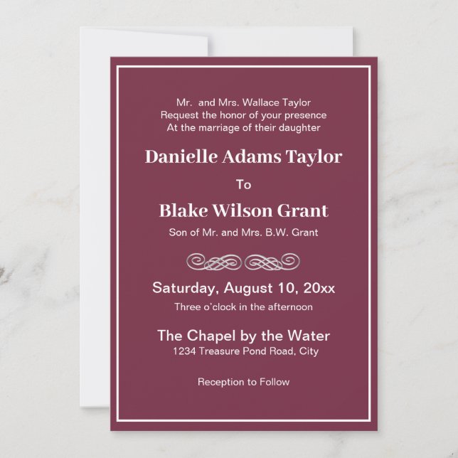Elegant Traditional Words White, Wine Wedding Invitation (Front)