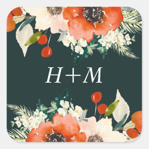 Elegant Traditions Watercolor Floral with Monogram Square Sticker