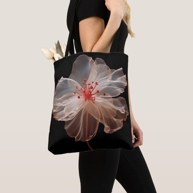 Elegant translucent flower on black tote bag (Close Up)