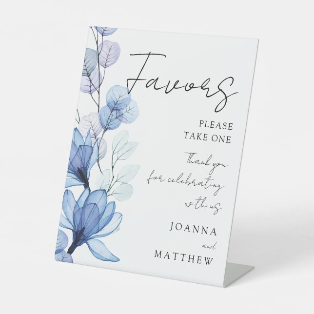 Elegant Transparent Dusty Blue Floral Favors Pedestal Sign (Front)