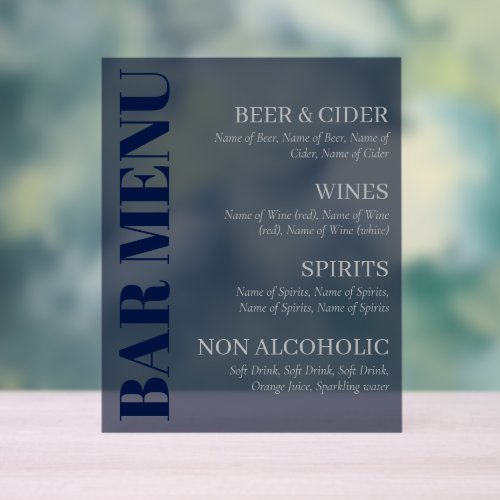 Elegant Transparent Navy Grey Typography Bar Menu Acrylic Sign