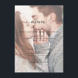 Elegant Transparent Photo Wedding and Typography Menu<br><div class="desc">Transparency covering custom and personalized photo on the front and back of elegant and modern Wedding Reception Menu Card - includes beautiful and elegant script typography for the special Wedding day celebration.</div>