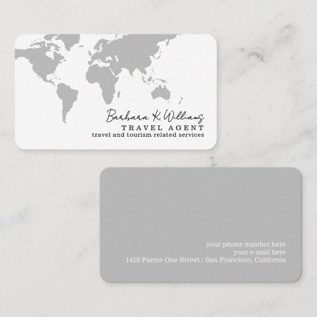 Elegant Travel Agent gray world map Business Card (Front/Back)