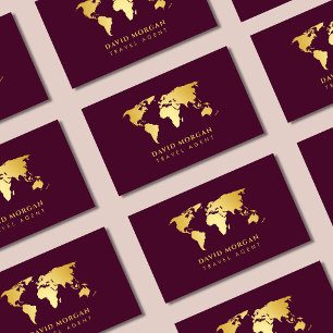 Elegant Travel Agent World Map Burgundy And Gold Business Card