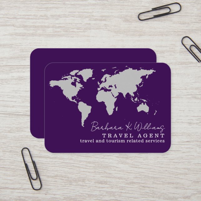 Elegant Travel Agent world map purple Business Card (Front/Back In Situ)