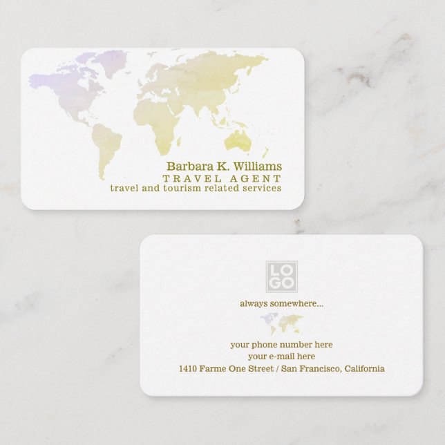 Elegant Travel Agent world map white Business Card (Front/Back)