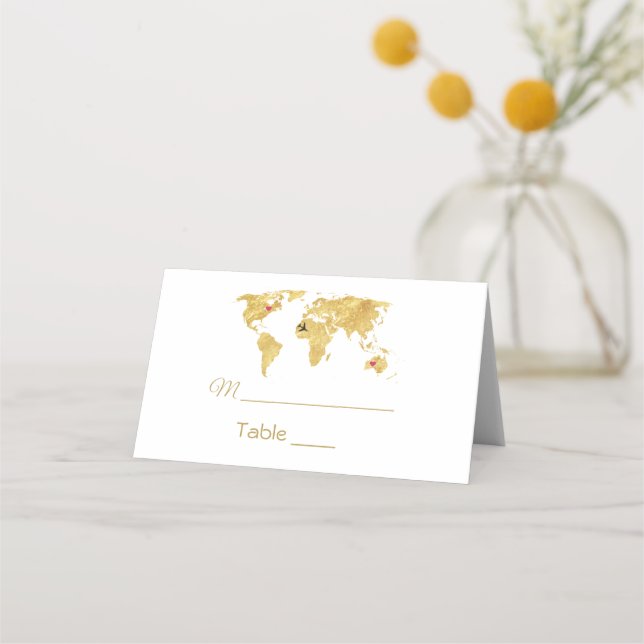 Elegant Travel Gold World Map Wedding Place Card (Front)