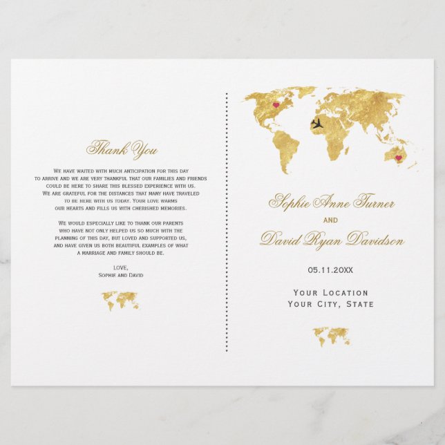 Elegant Travel Gold World Map Wedding Program (Front)