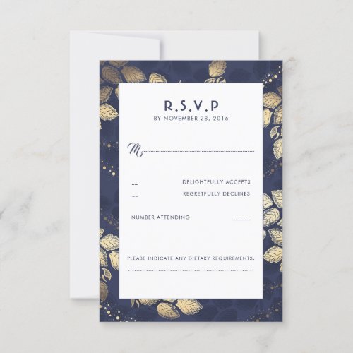 Elegant Tree Leaves and Lights Wedding RSVP Cards - Elegant gold tree lights navy blue wedding reply cards