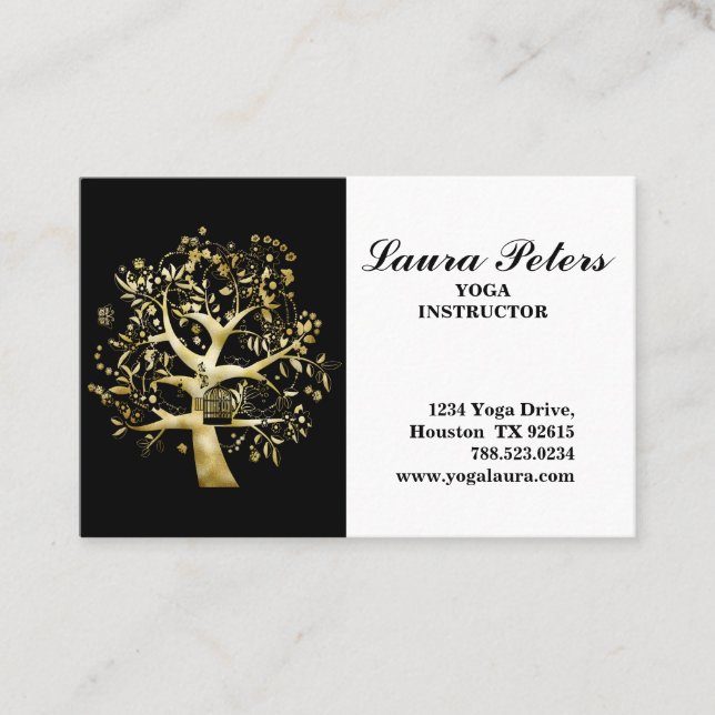 Elegant Tree Of Life Yoga Instructor Black Gold Business Card (Front)