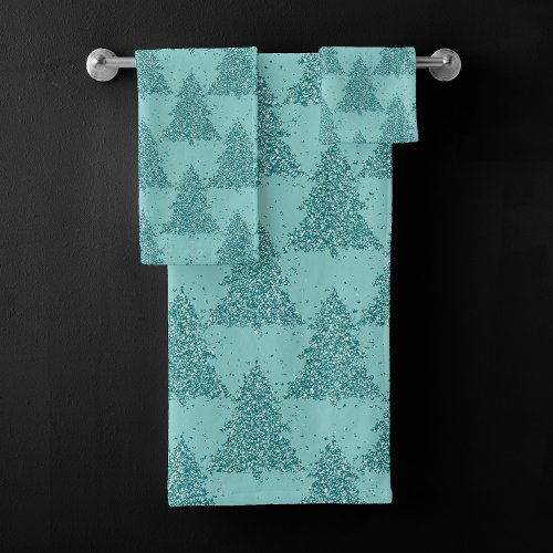 Elegant Tree Pattern  Luxe Aqua Mint Christmas Bath Towel Set