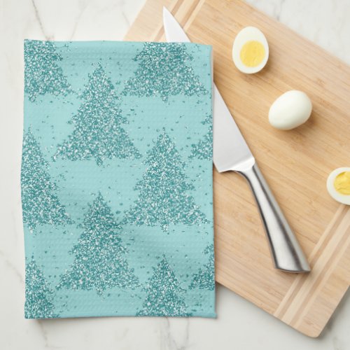 Elegant Tree Pattern  Luxe Aqua Mint Christmas Kitchen Towel