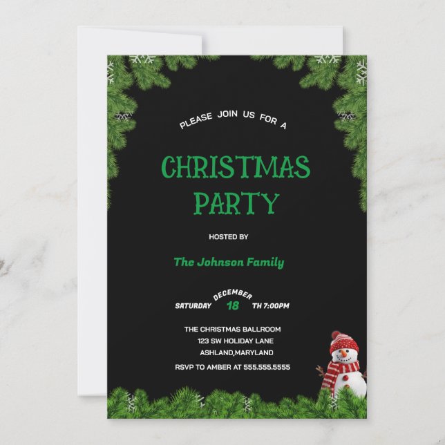 Elegant tree pine CHRISTMAS PARTY Black green   Invitation (Front)