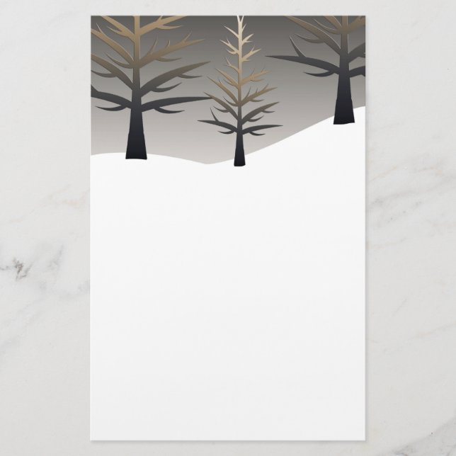 Elegant Tree Silhouettes on Snowy Landscape Stationery (Front)