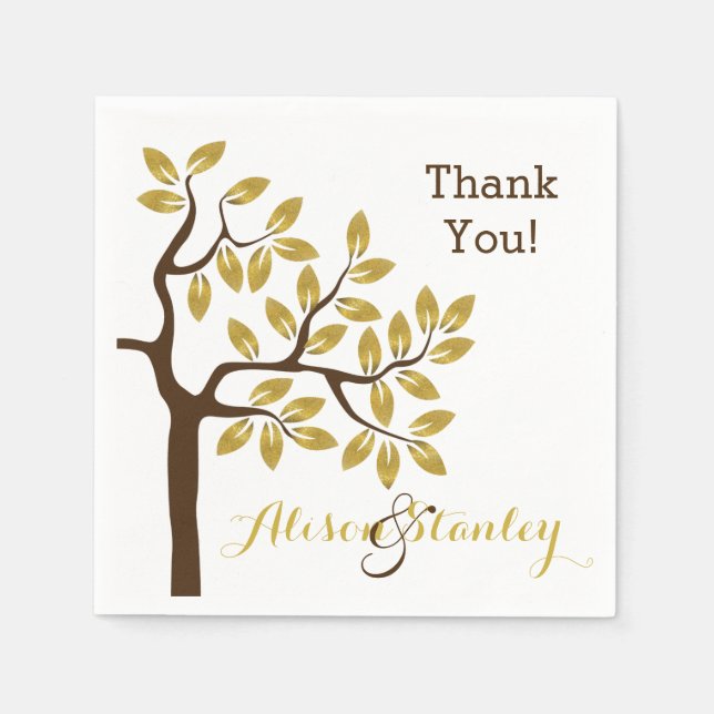 Elegant tree with gold foil leaves modern wedding paper napkins (Front)